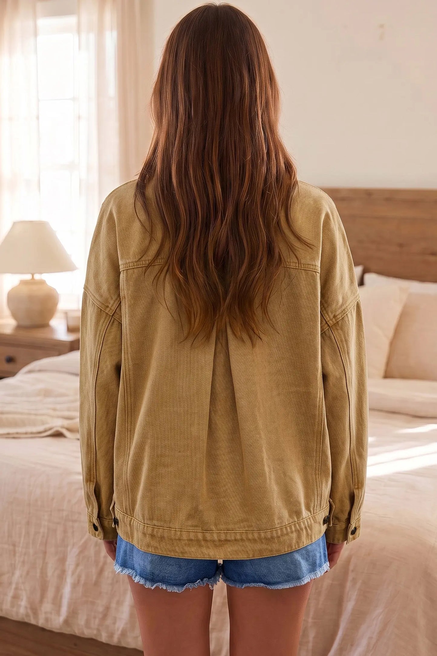 honey gold Metal Button Front Long Sleeve Collar Denim Jacket