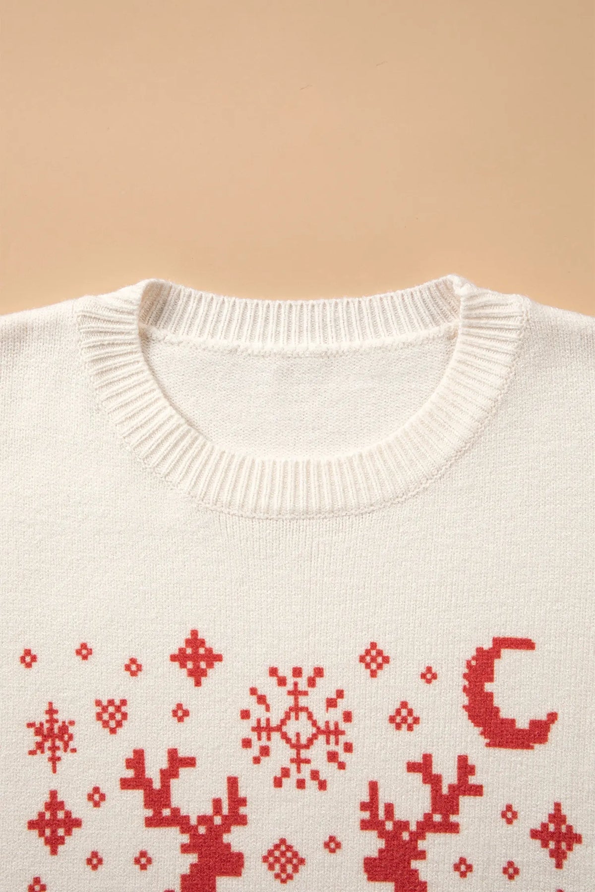 Beige Pixel Snowflake Reindeer Christmas Round Neck Casual Sweater