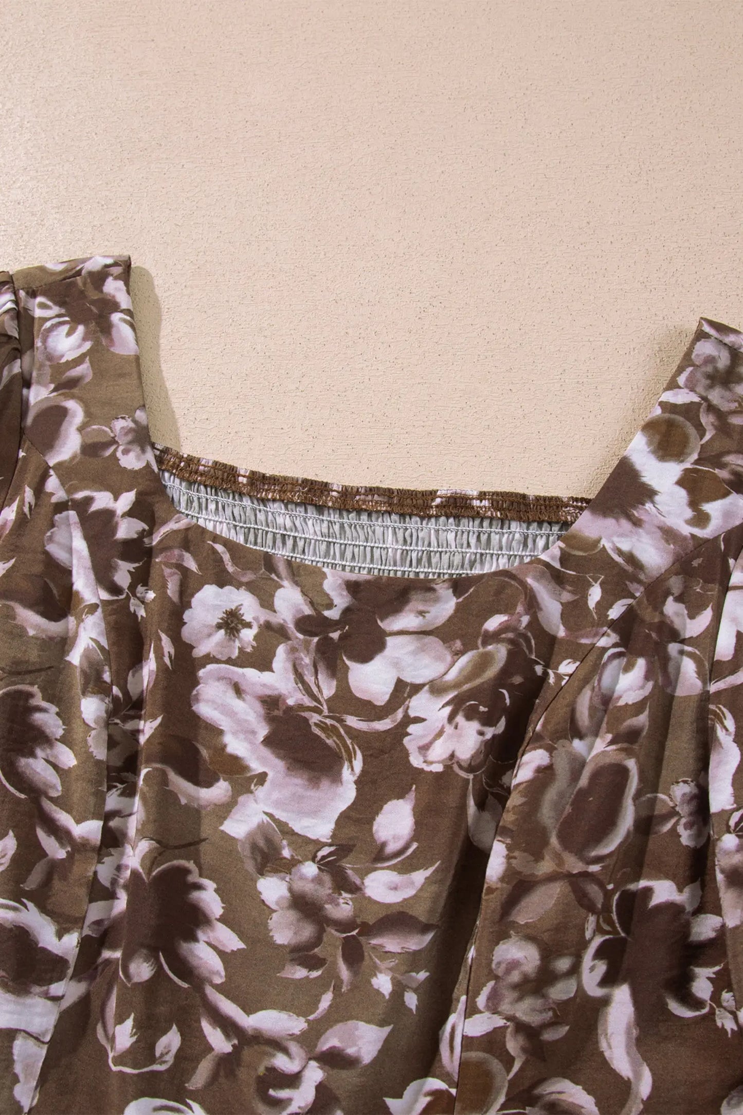 Brown Abstract Floral Print Square Neck Long Sleeve Mini Shift Dress