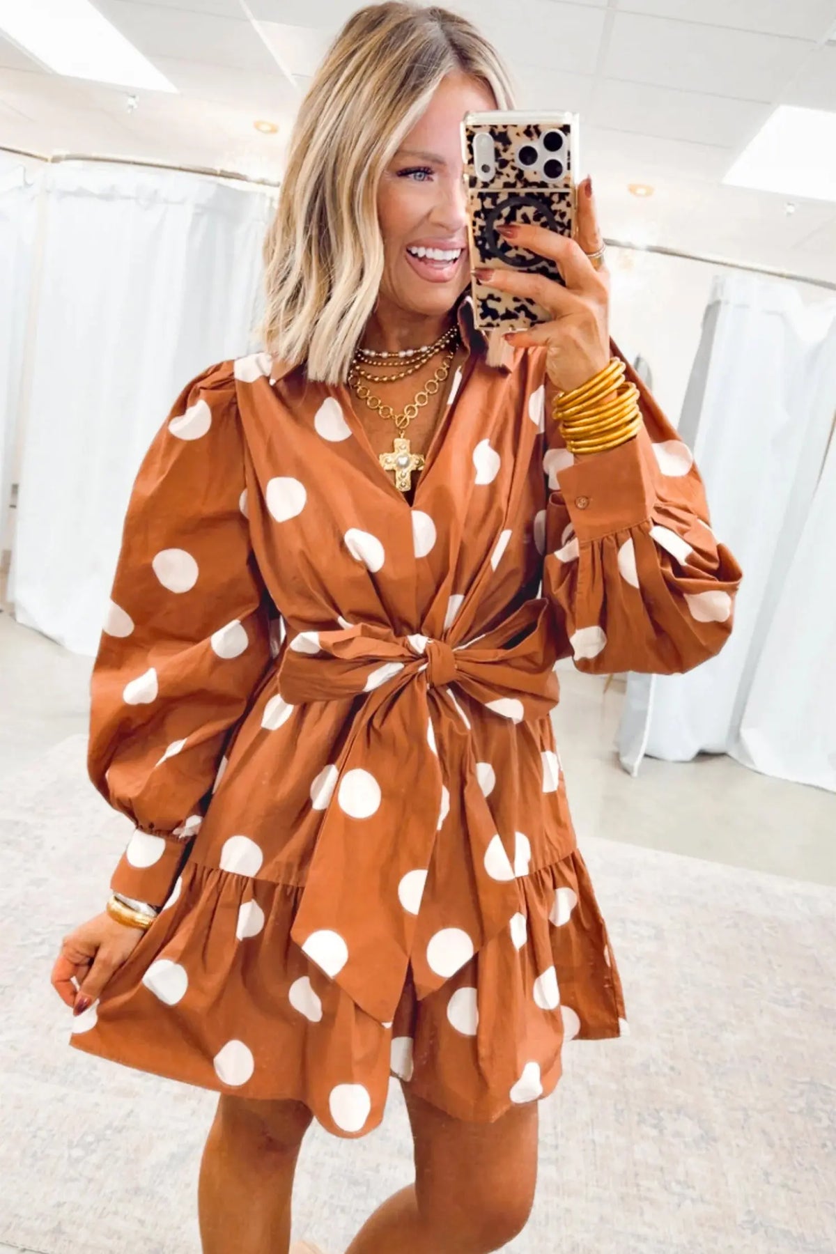 Brown Polka Dot Long Sleeve Tie Waist Casual Shift Mini Dress model front view · nz-alt-v1
