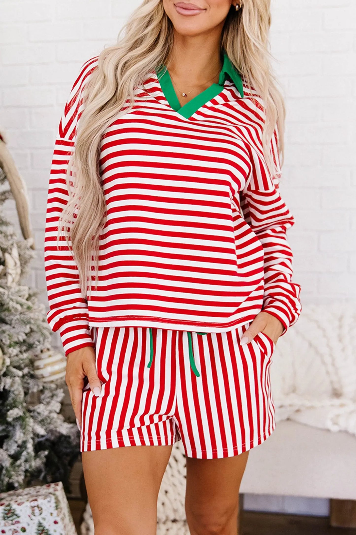 Red Stripe Colorblock Trim Polo Collar Drawstring Elastic Waist Band Casual 2pcs Outfit