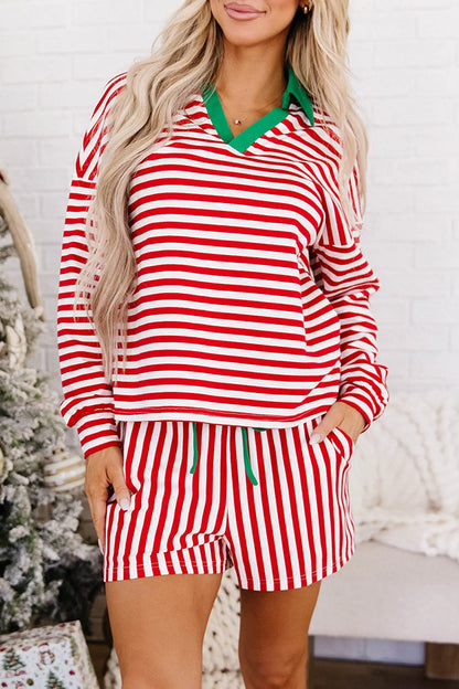 Red Stripe Colorblock Trim Polo Collar Drawstring Elastic Waist Band Casual 2pcs Outfit