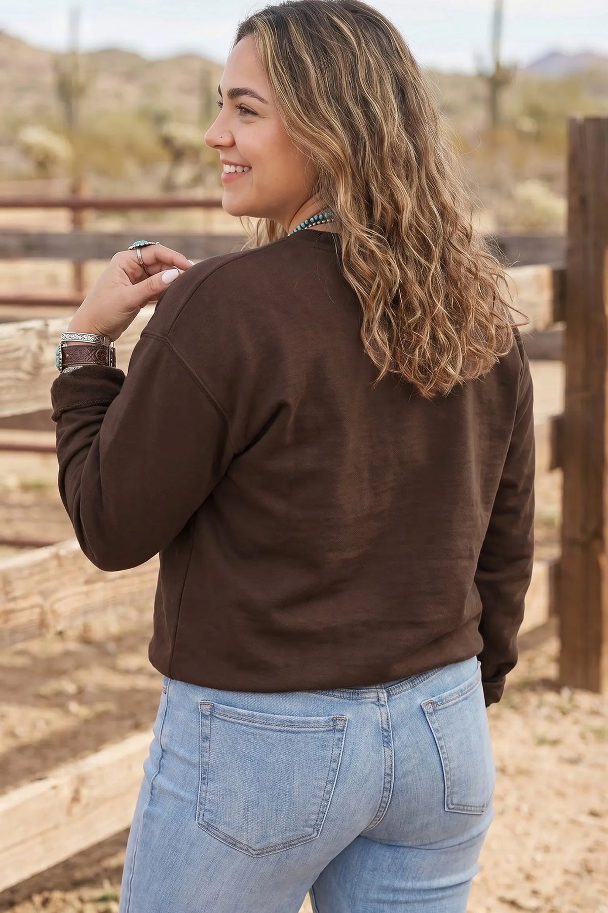 PRAY letter patchwork round neck plus size sweatshirt coffee brown model back view · nz-alt-v1
