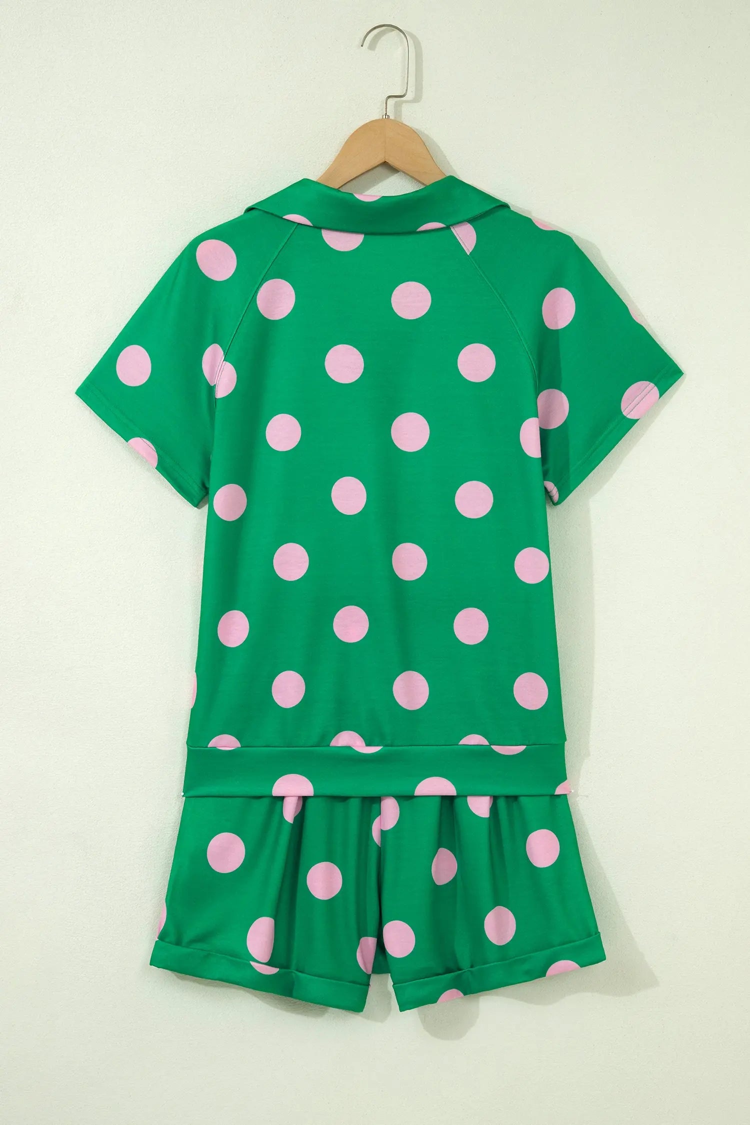 Beige Polka Dot Print V Neck Tee Short Set Nataliz