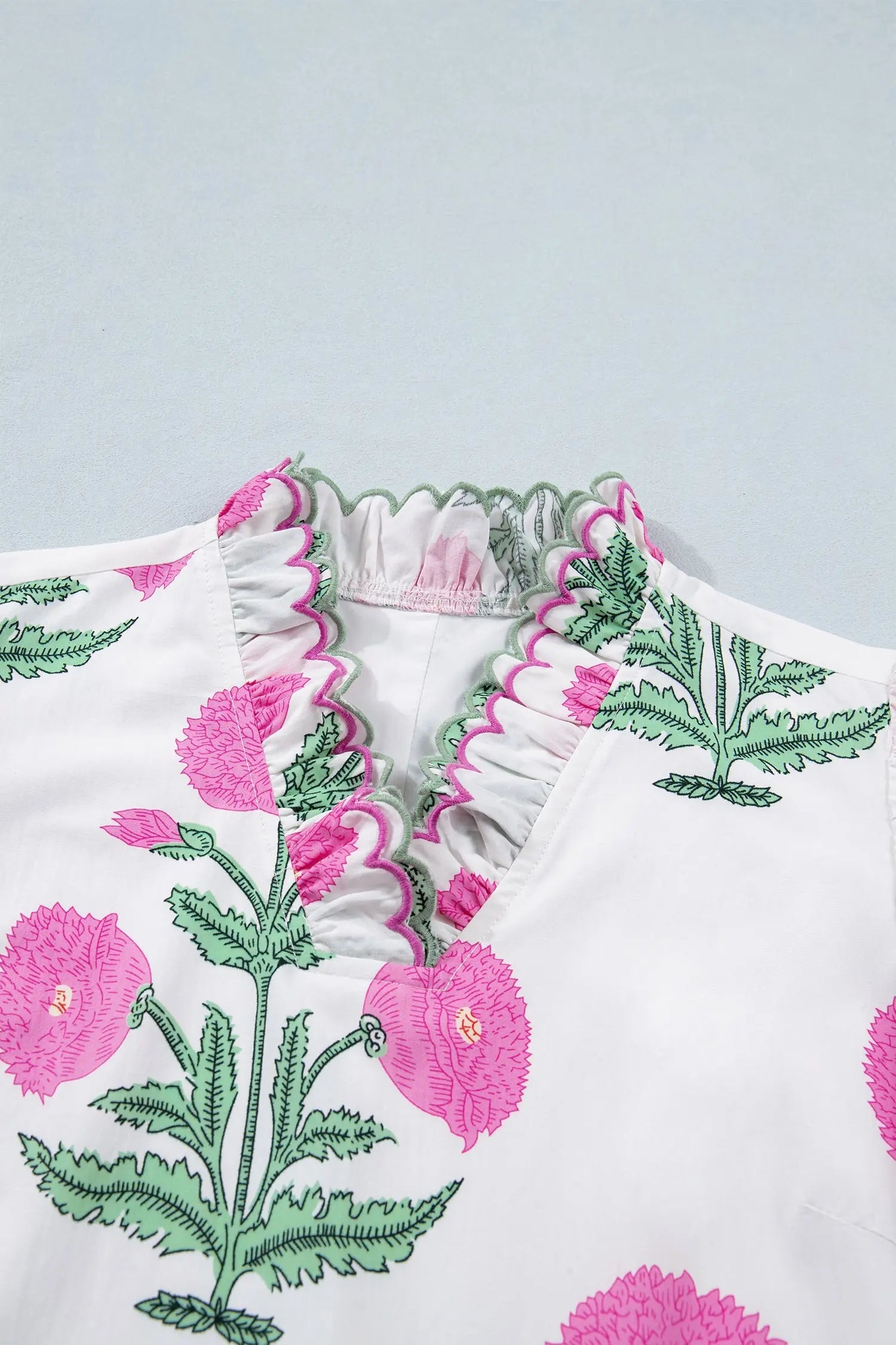Sky Blue Wild Floral Print Scalloped Embroidery Trim V Neck Drop Waist Mini Dress - Casual Dresses