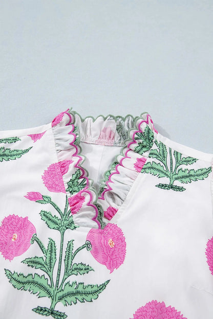Sky Blue Wild Floral Print Scalloped Embroidery Trim V Neck Drop Waist Mini Dress - Casual Dresses