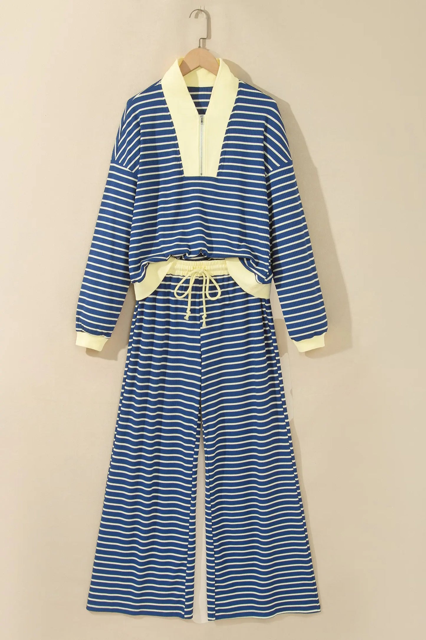 Blue Stripe Color Block Patchwork Zip V Neck Pullover Loose Pants 2pcs Set