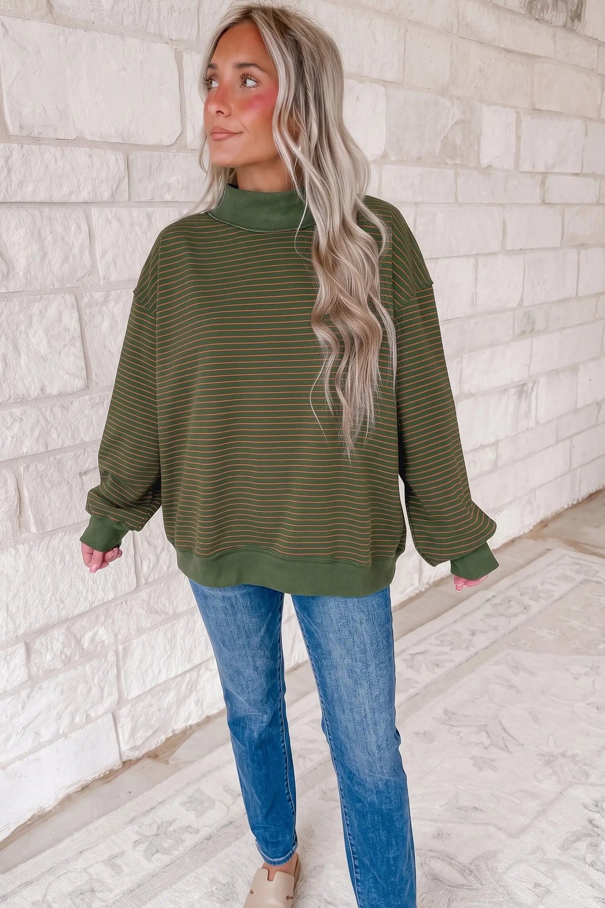 Khaki Stripe Ribbed Color Block Mock Neck Oversized Sweatshirt