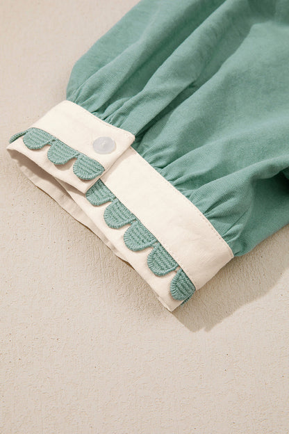 Canton Scallop Color Block Trim Puff Sleeve Mini Dress - Casual Dresses
