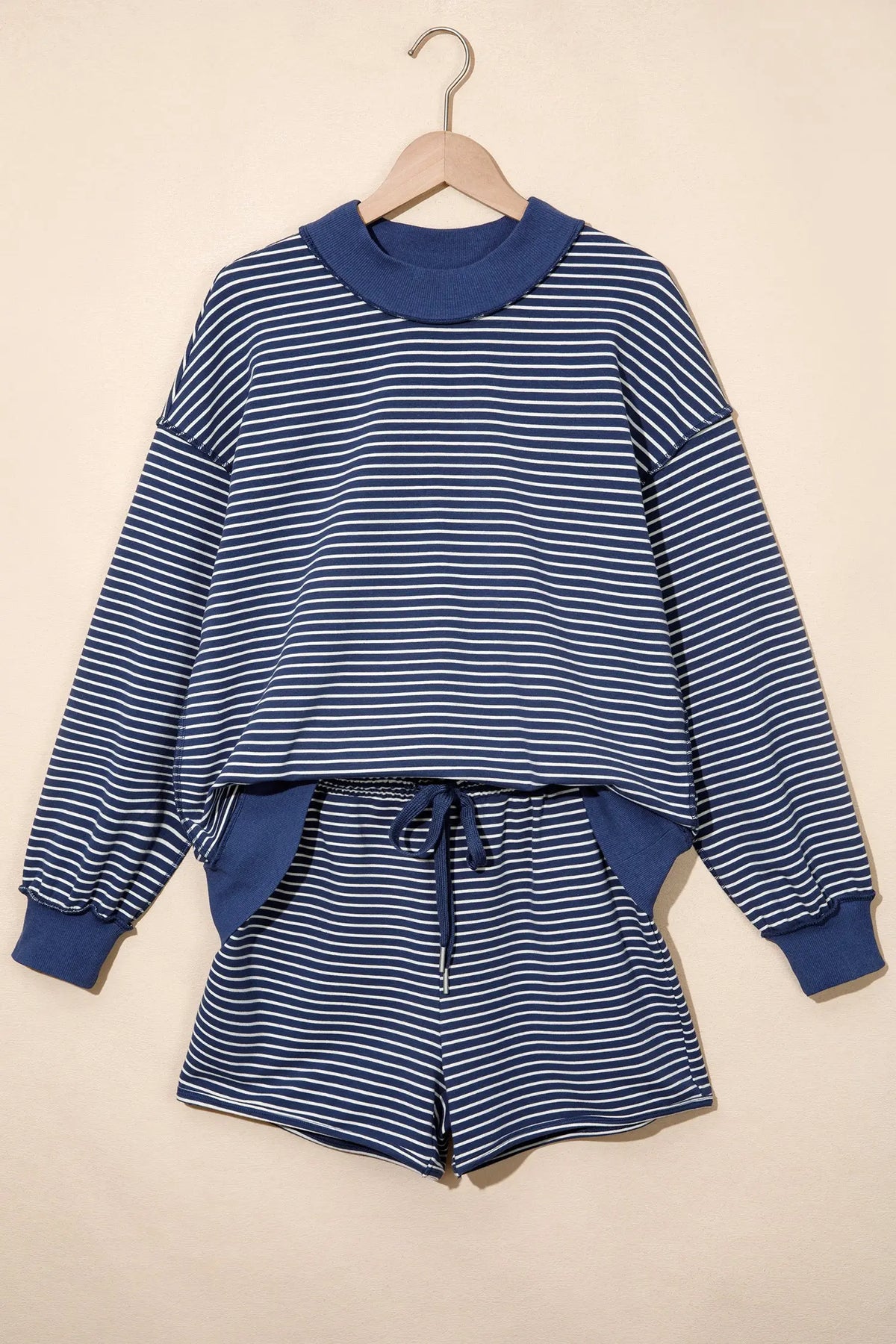 Pink Stripe Ribbed Patchwork Mock Neck Baggy Pullover Matching Shorts Set