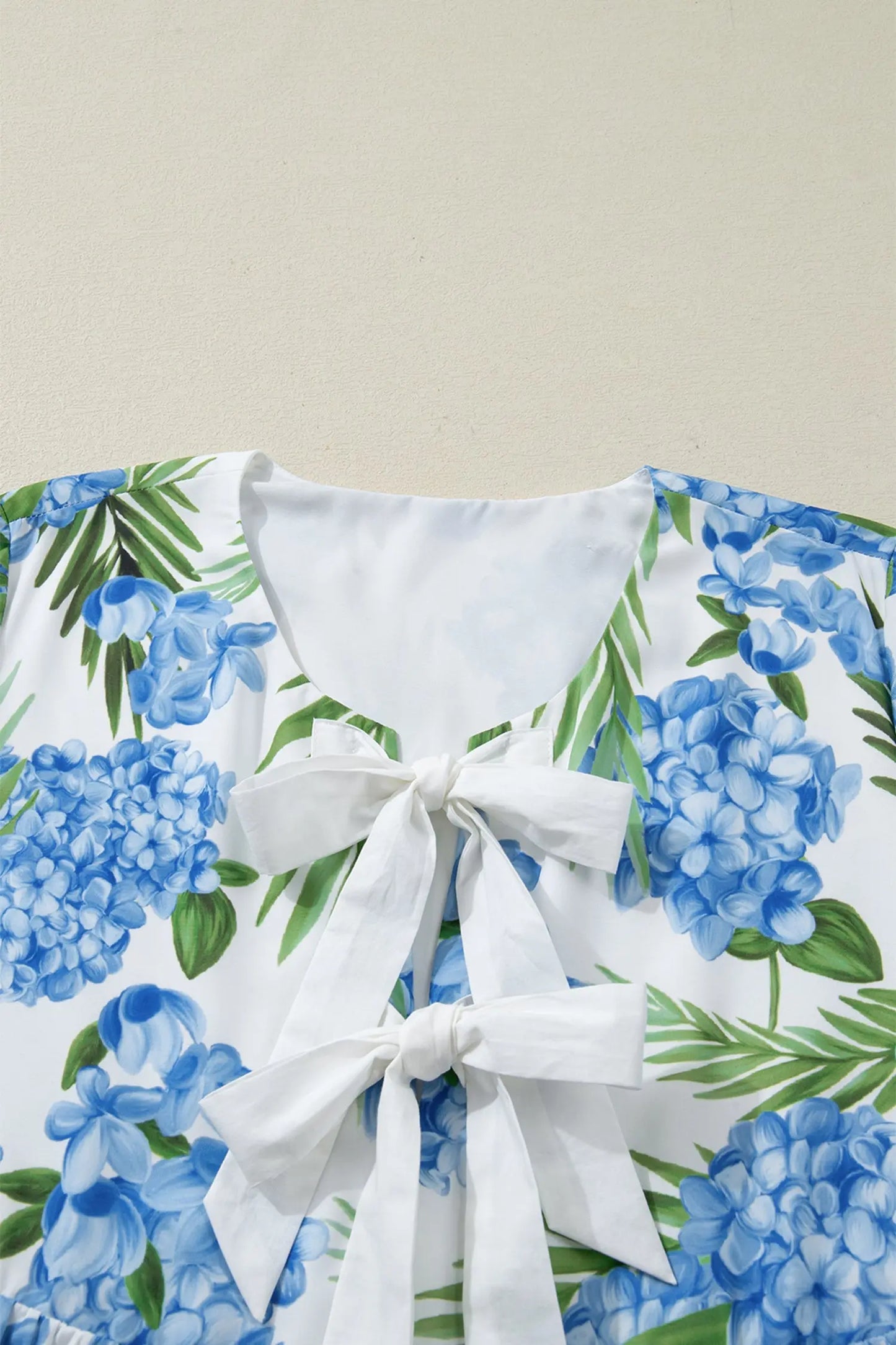 Sky Blue Palm Floral Print Contrast Ribbon Knot Ruffle Tiered Sleeve Mini Dress - Casual Dresses