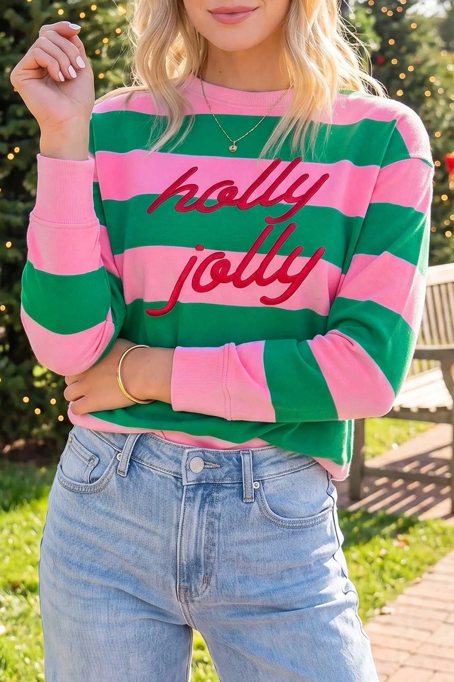 Green Stripe holly jolly Letter Embroidered Pullover Sweatshirt