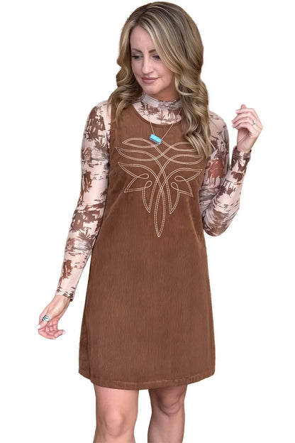 Coffee Geometric Embroidery Sleeveless Corduroy Shift Dress