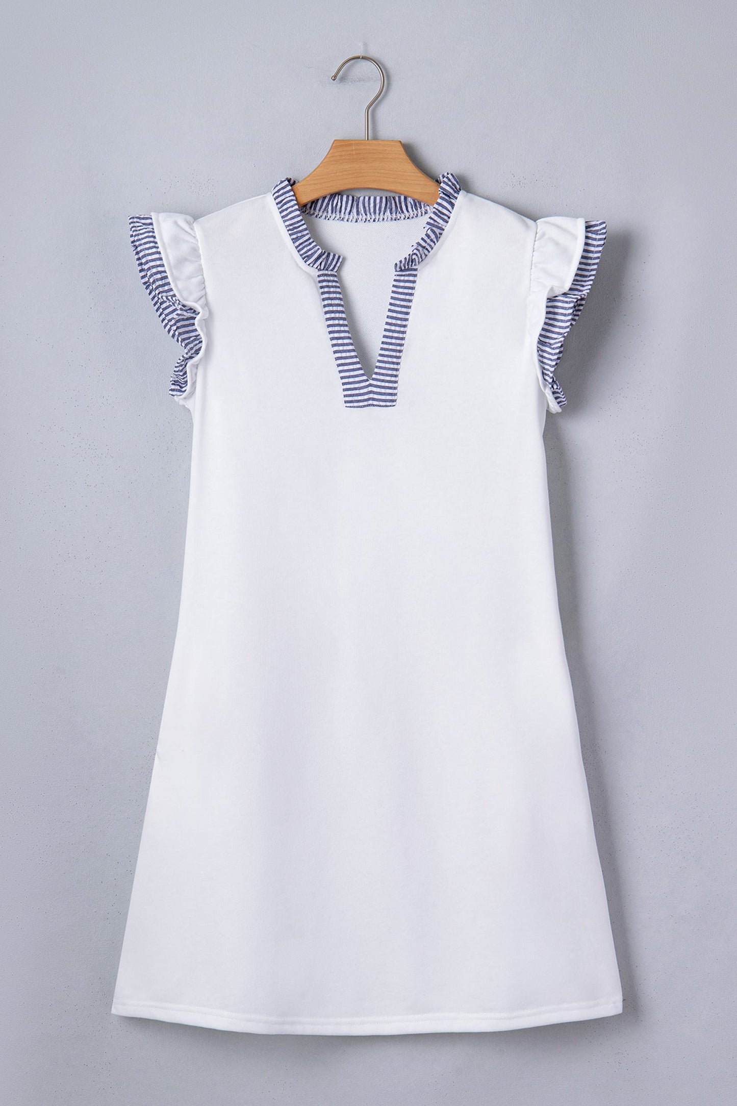 White Contrasted Striped Patchwork Split Neck Ruffle Trim Sleeveless Dress - Casual Dresses