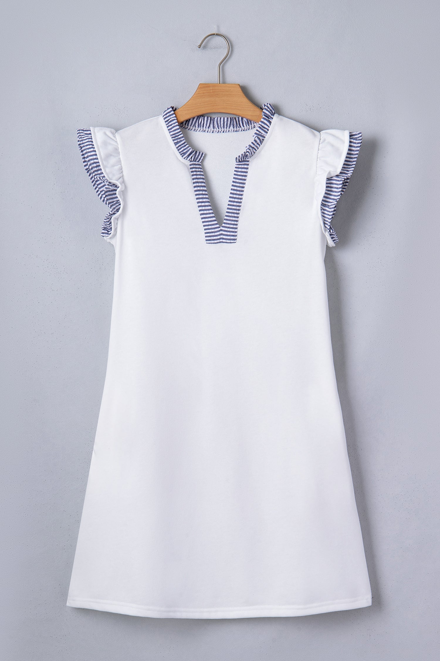 White Contrasted Striped Patchwork Split Neck Ruffle Trim Sleeveless Dress - Casual Dresses