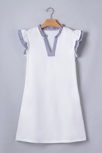 White Contrasted Striped Patchwork Split Neck Ruffle Trim Sleeveless Dress - Casual Dresses