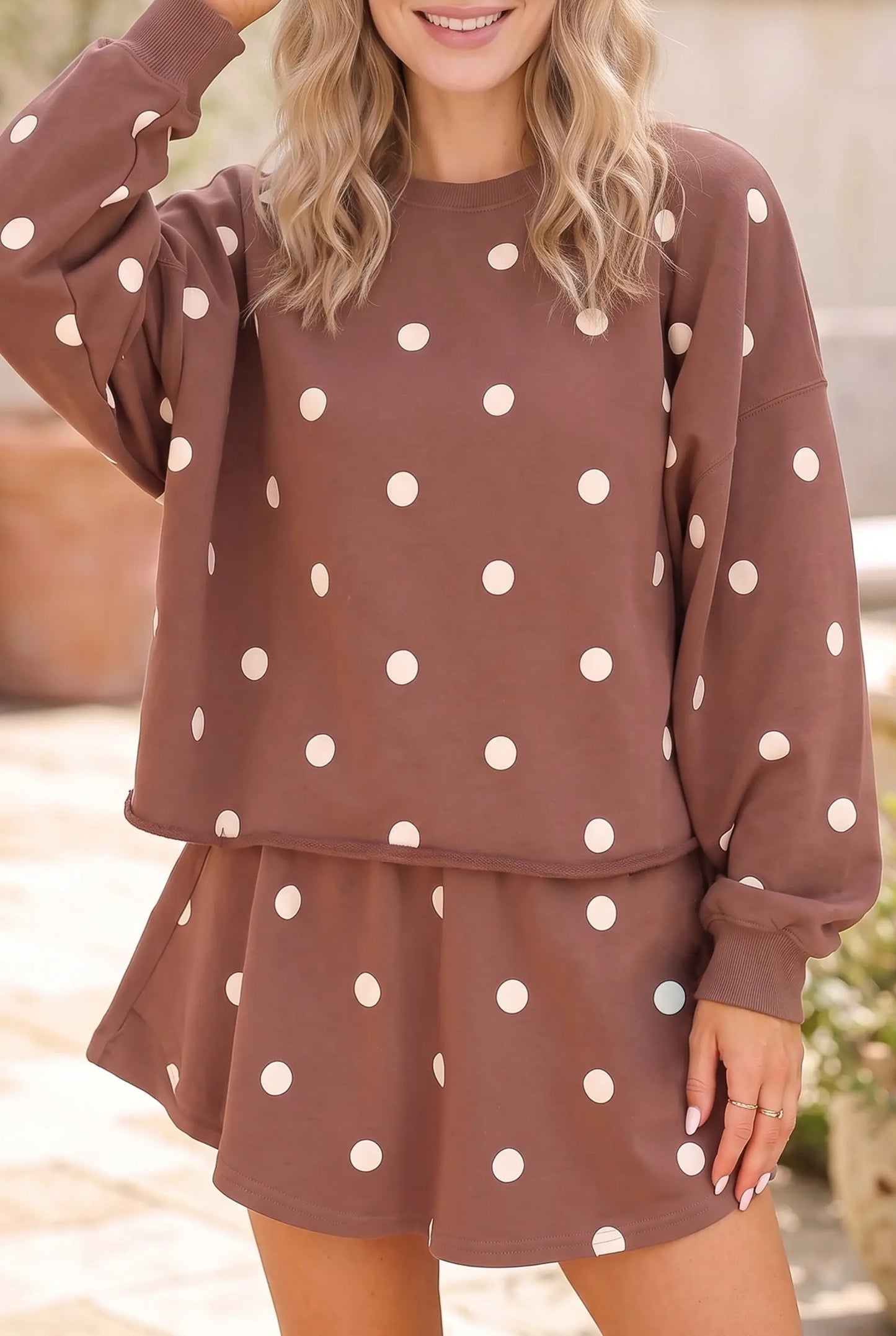 Brown Polka Dot Raw Hem Relaxed Pullover Loose Skort Two Piece Set