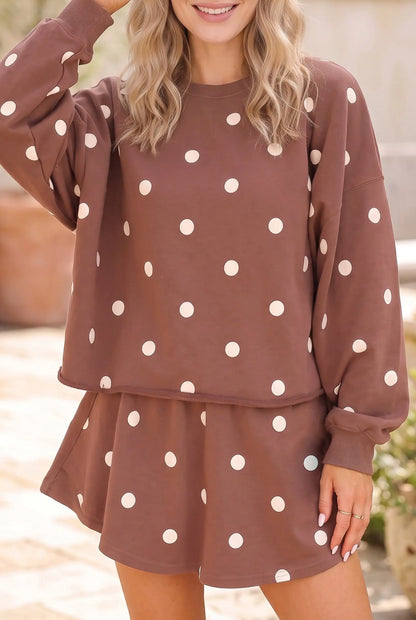 Brown Polka Dot Raw Hem Relaxed Pullover Loose Skort Two Piece Set
