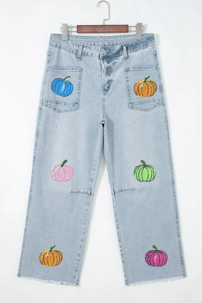 Beau Blue Sequin Pumpkin Patched Graphic Casual Shift Jeans