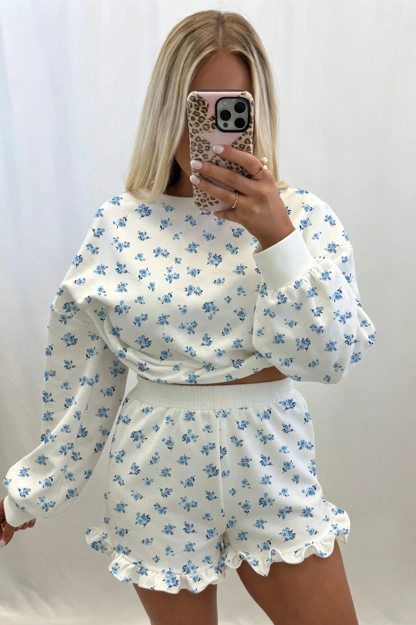 Sky Blue Floral Print Long Sleeve Top Elastic Waist Ruffle Hem Shorts 2pcs Set
