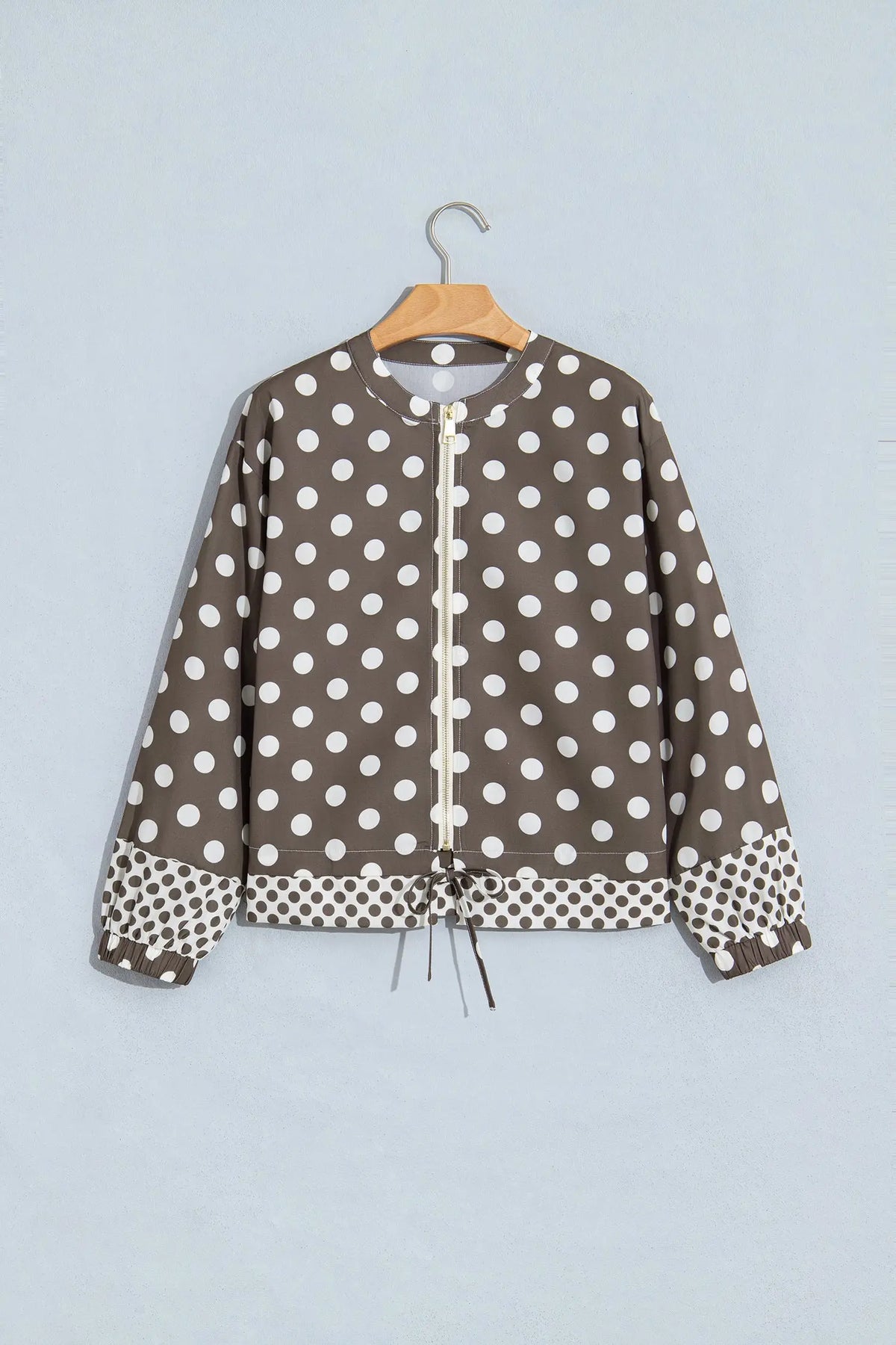 Brown Polka Dot Contrast Detail Zip-Up Long Sleeve Shacket