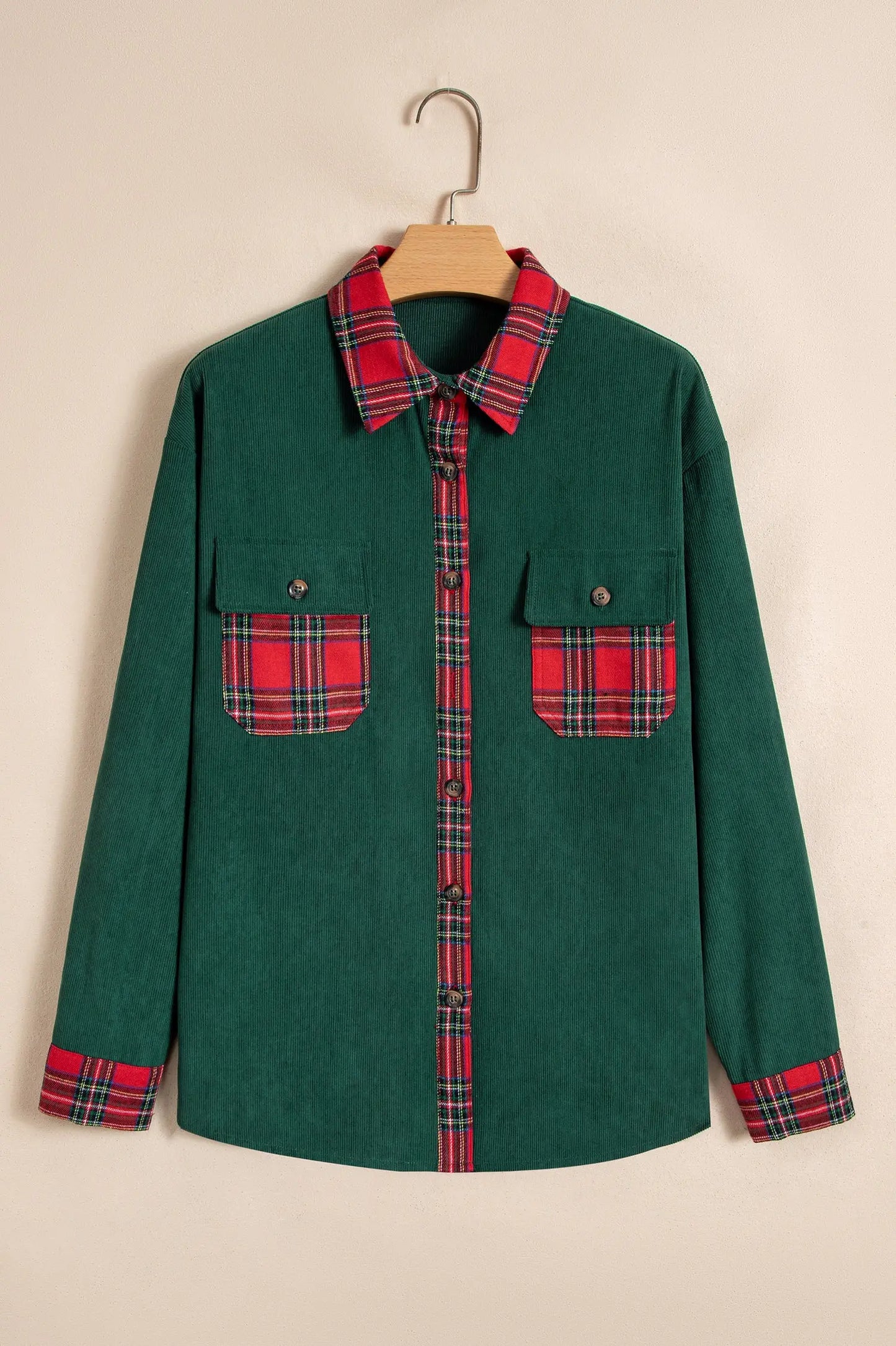 Blackish Green Plaid Pocket Button Long Sleeve Shift Shacket