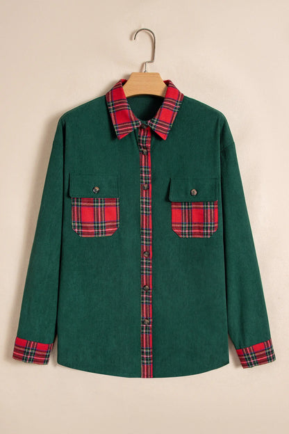 Blackish Green Plaid Pocket Button Long Sleeve Shift Shacket