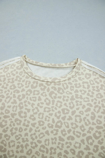 Apricot Leopard Print Varsity Striped Detail 3/4 Sleeve Top Shift Pant Set