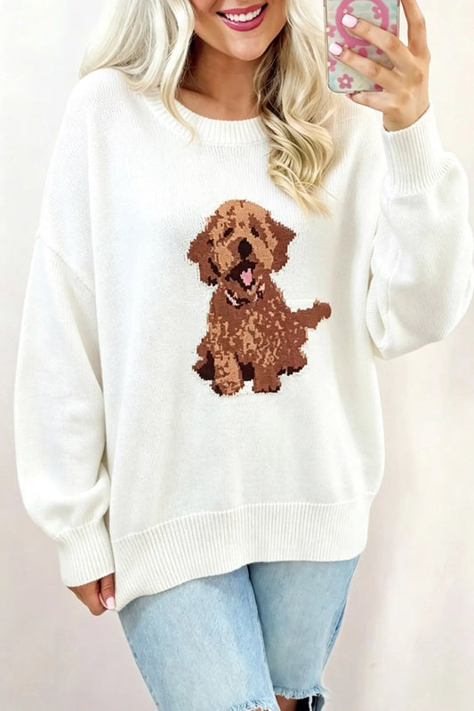 White Cozy Dog Print Dropped Shoulder Relaxed Sweater model front view · nz-alt-v1