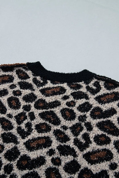 Smoke Gray Leopard Star Pattern Round Neck Long Sleeve Shift Sweater