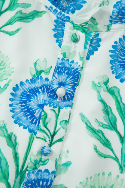 Sky Blue Floral Print Half Button Frilly Short Sleeve Dress