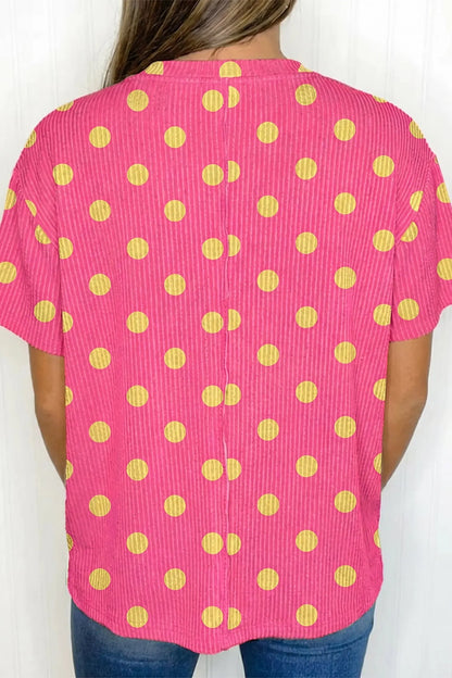 Sky Blue Polka Dot Round Neck Drop Shoulder Patch Pocket Jacquard Texture Top Nataliz
