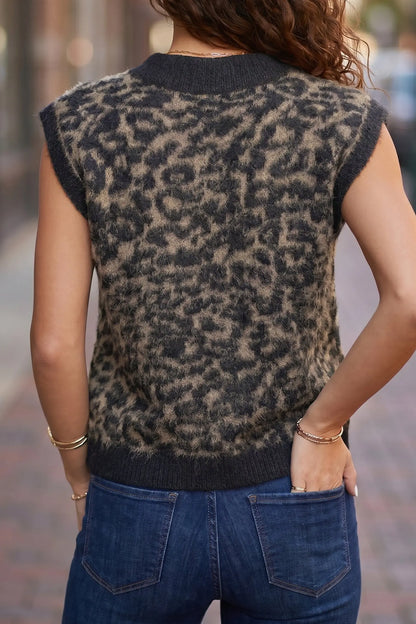 Black Leopard Print Knit Sleeveless Regular Wash Sweater Vest