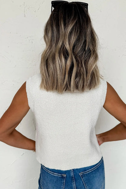 White Solid Color Sleeveless Knit Button Pocketed Sweater