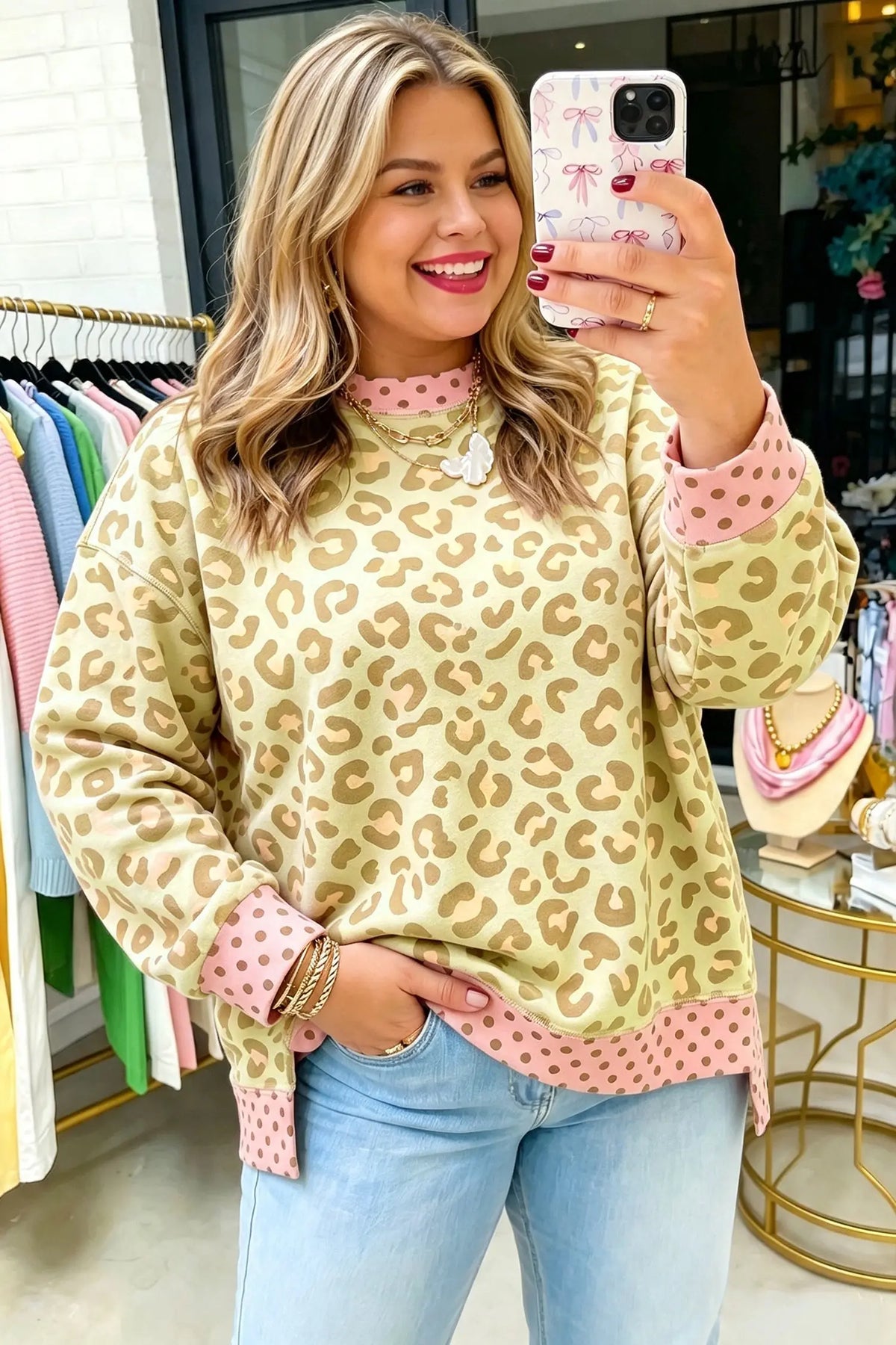 Khaki Plus Size Leopard Print Contrast Polka Dot Trim Long Sleeve Top