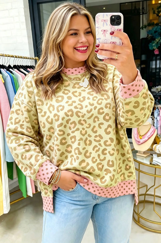 Khaki plus size leopard print contrast polka dot trim long sleeve top model front view · nz-alt-v1