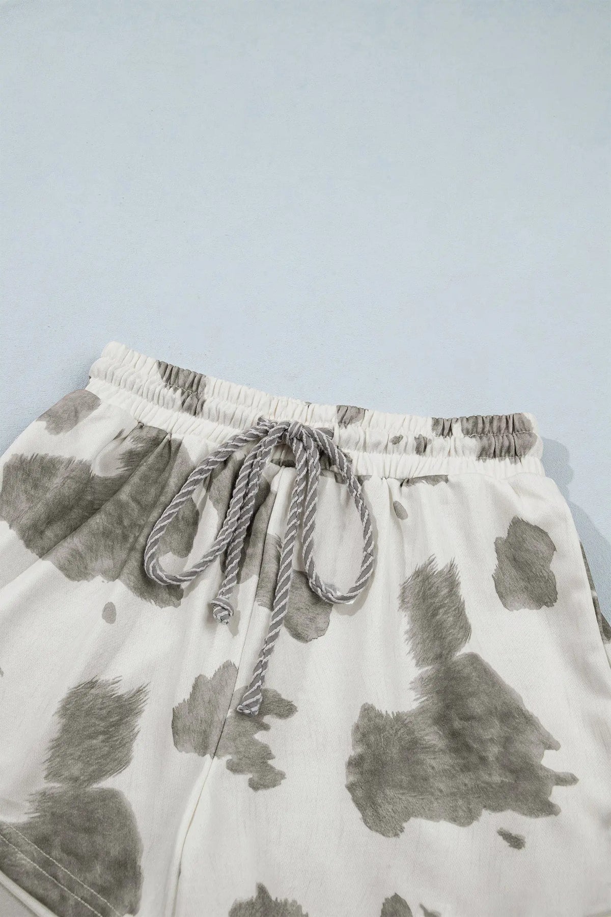 Gray Western Print Raw Hem Long Sleeve Top Drawstring Shorts Set