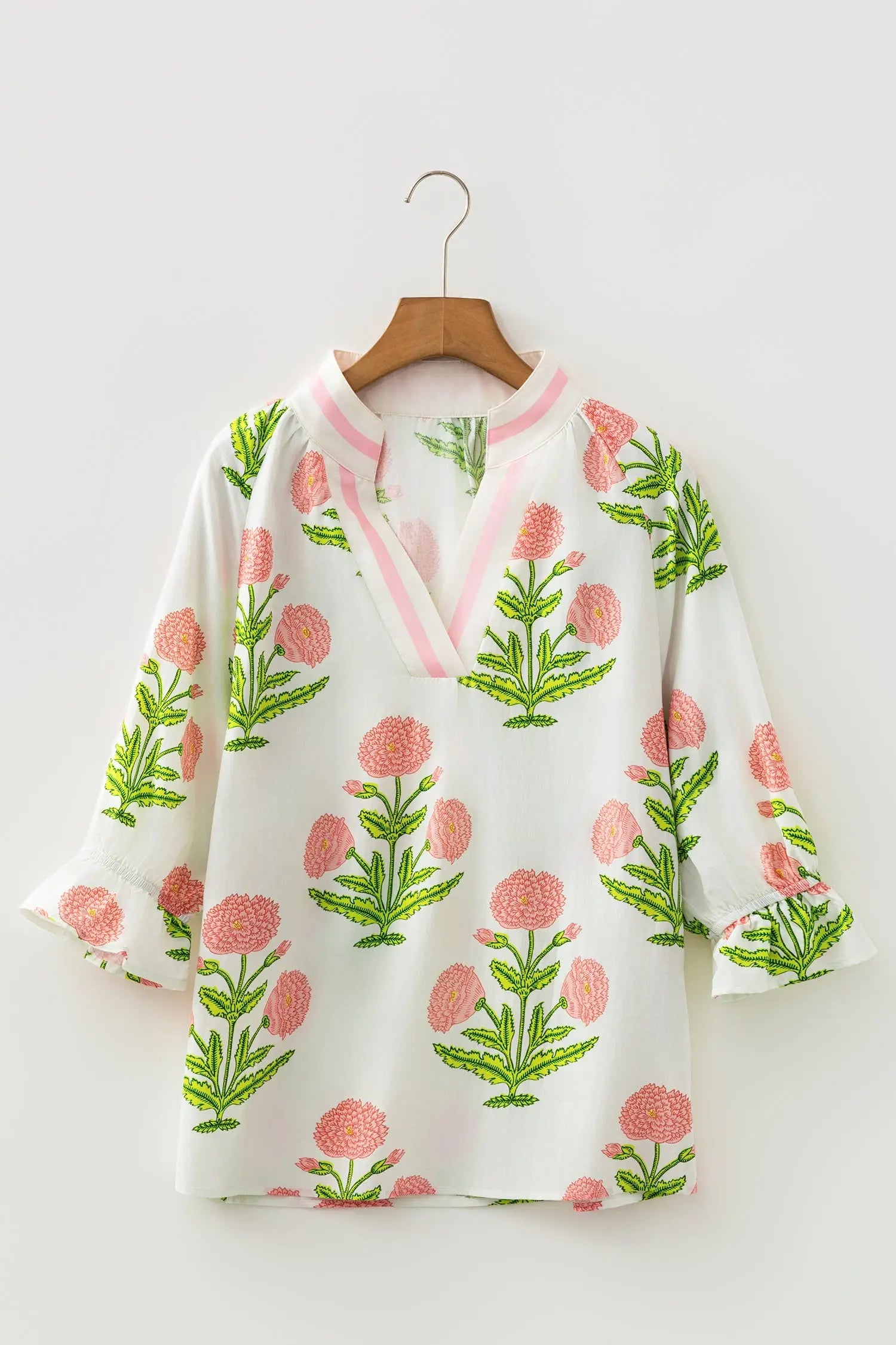 Sky Blue Casual Wild Flower Print V Neck 3/4 Sleeve Blouse Nataliz