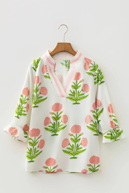 Sky Blue Casual Wild Flower Print V Neck 3/4 Sleeve Blouse Nataliz