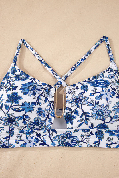 Blue Floral Print Hardware Accent Notched Neck High Waist Bikini Set