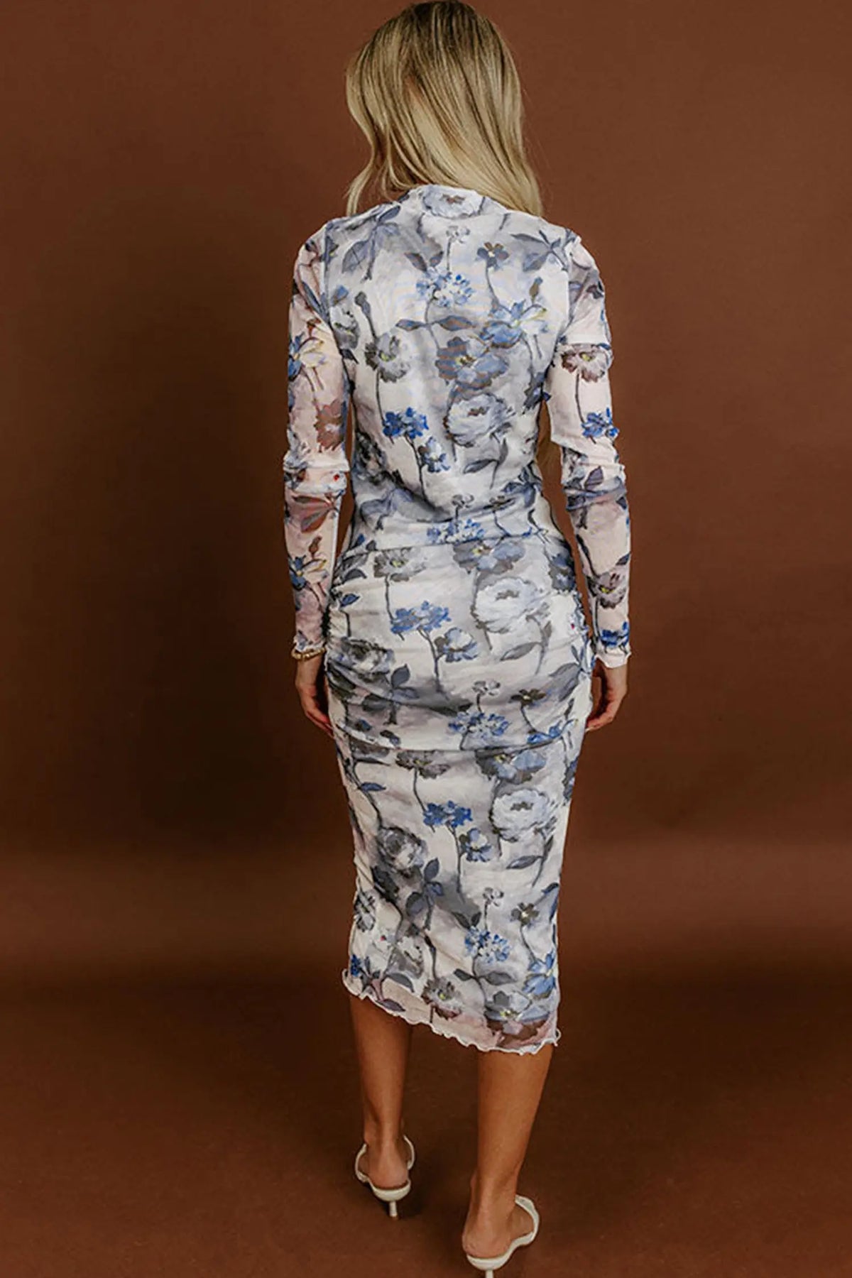 Sky Blue Floral Print Sheath Elegant Long Sleeve Dress model back view · nz-alt-v1