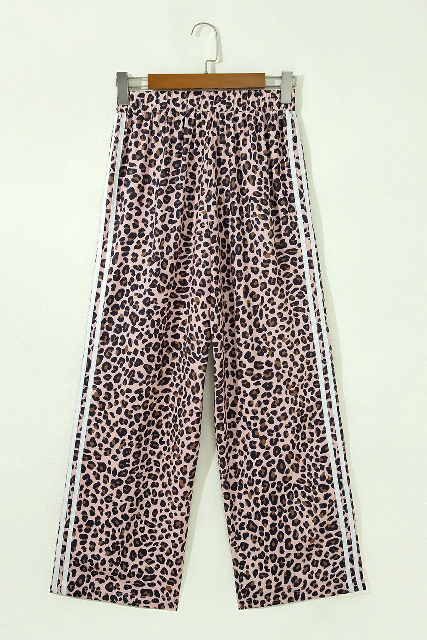 Beige Leopard Print Side Striped Detail Casual Wide Leg Pants