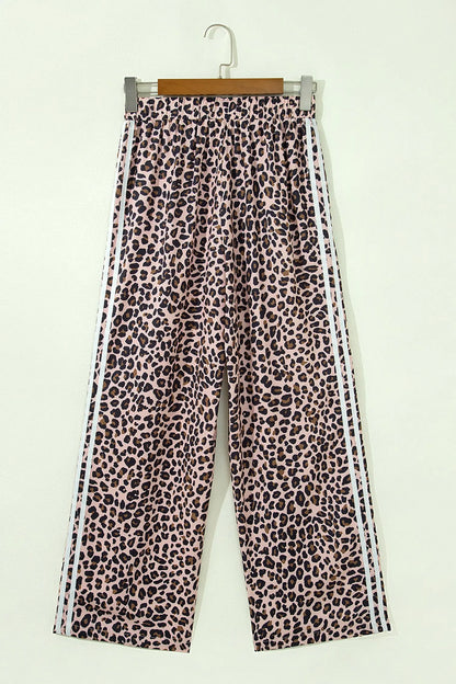 Beige Leopard Print Side Striped Detail Casual Wide Leg Pants