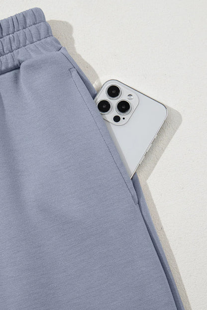 Dusk Blue Solid Color Cowl Neck Drawstring Pullover Wide Leg Athleisure Pants Set