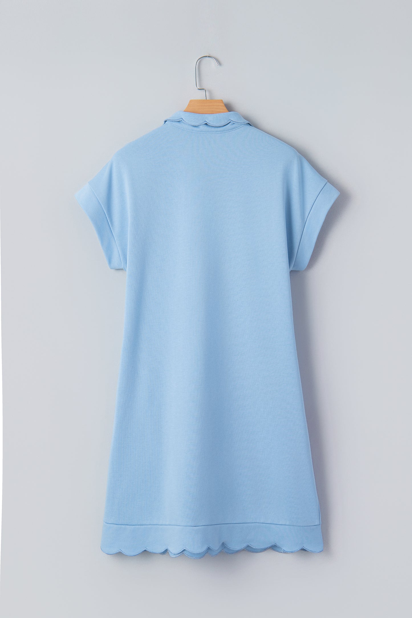 Sea Green Solid Color Snap Button Polo Collar Short Sleeve Scallop Hem Mini Dress