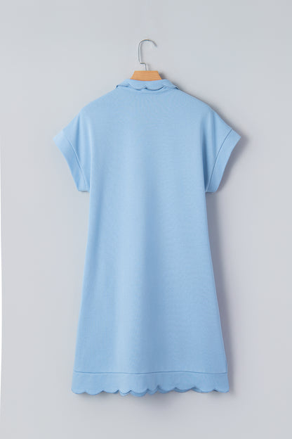 Sea Green Solid Color Snap Button Polo Collar Short Sleeve Scallop Hem Mini Dress