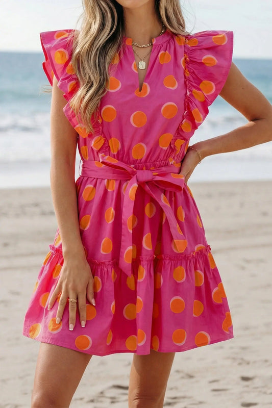 Rose Double Polka Dot V Neck Ruffled Short Sleeve Dress Nataliz
