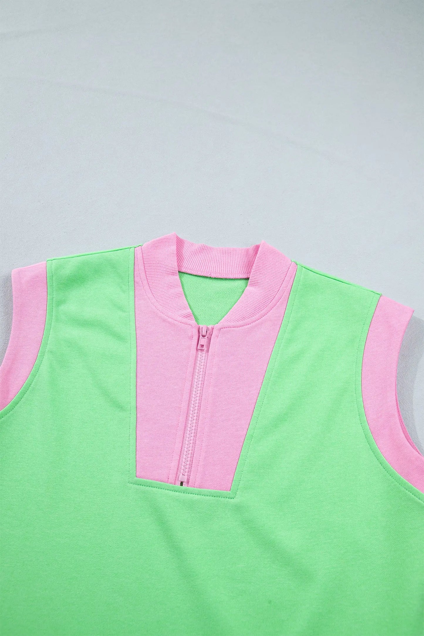 Green Color Block Accent Half Zip Top Athleisure Shorts Set