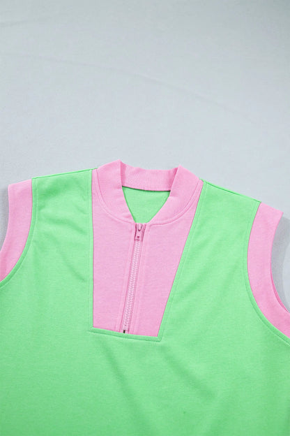 Green Color Block Accent Half Zip Top Athleisure Shorts Set