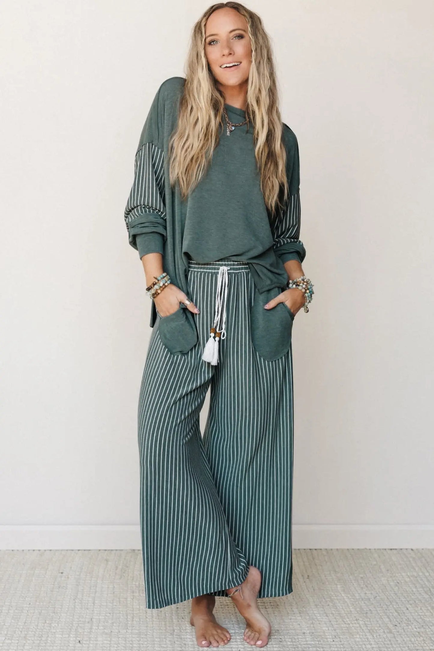 Green Bay Raw Seam Patchwork Long Sleeve Top Pocket Casual Pants 2pcs Set